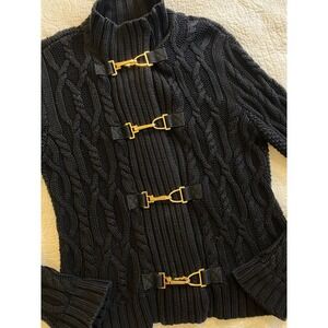 Lauren Ralph Lauren Petite Large Black Cable Knit Zip Cardigan Gold Clasps
